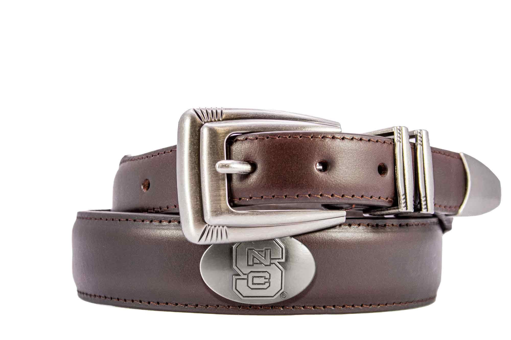 NC State Wolfpack Men's Dressy Leather Belt. NC State Gift. Wolfpack Merch. Croc Pattern. Smooth Full Grain Finish. Metal Emblem Conchos.