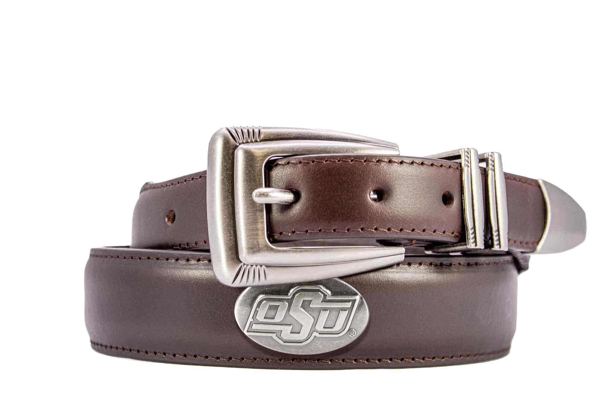 Oklahoma State Cowboys Men's Dressy Leather Belt. OSU Gift. Cowboys Merch. Croc Pattern. Smooth Full Grain Finish. Metal Emblem Conchos.