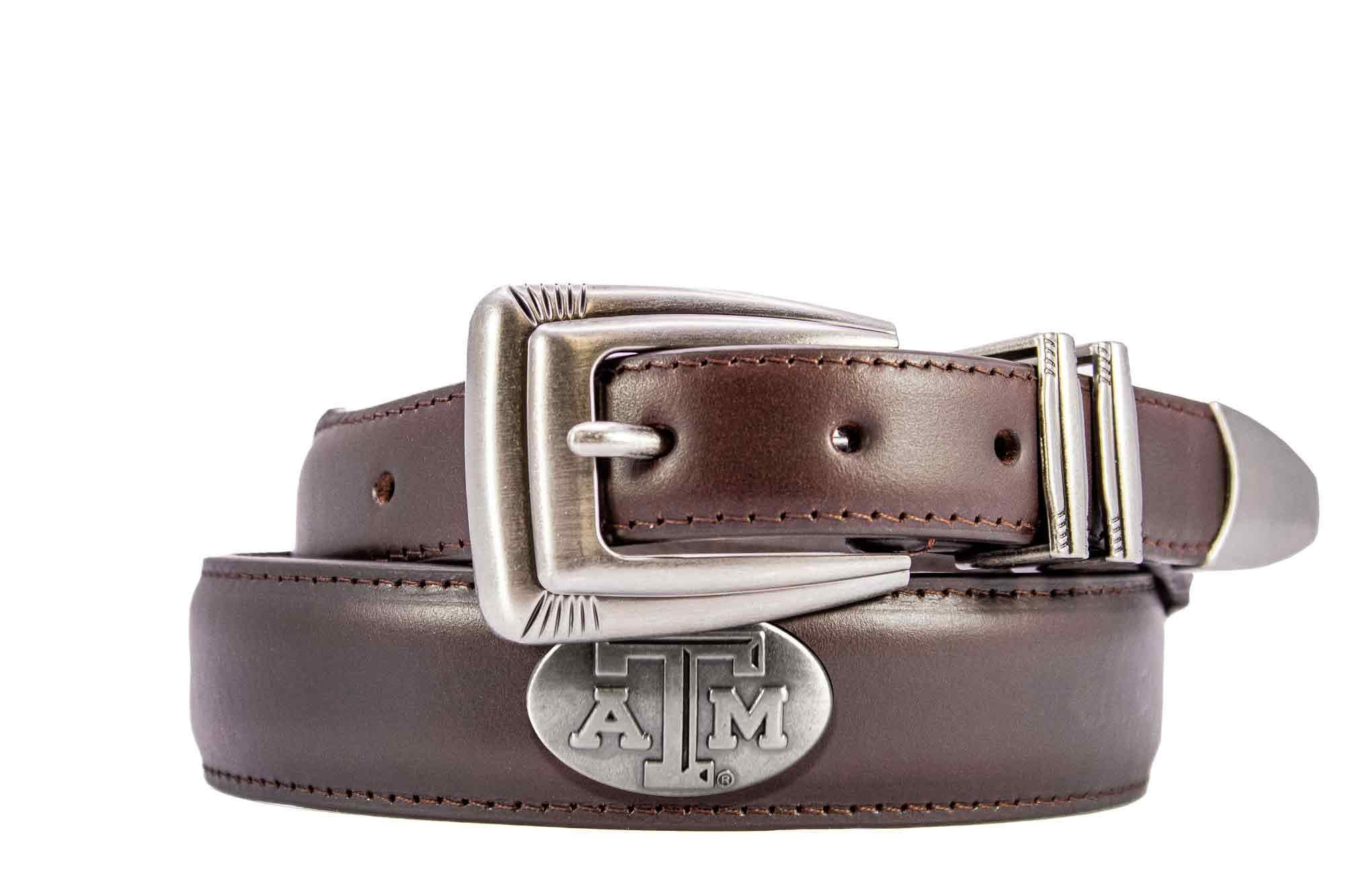 Texas A&M Aggies Men's Dressy Leather Belt. Aggies Gift. Texas Merch. Croc Pattern. Smooth Full Grain Finish. Metal Emblem Conchos.