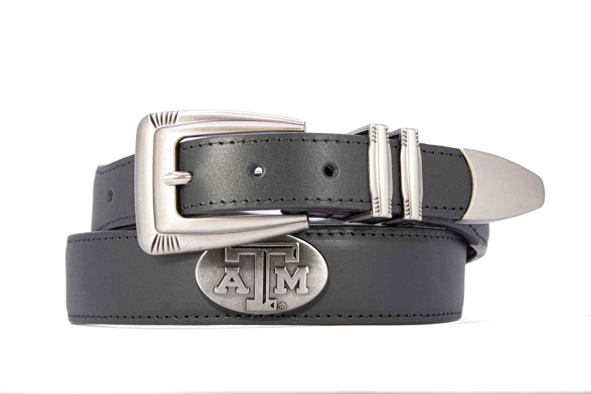 Texas A&M Aggies Men's Dressy Leather Belt. Aggies Gift. Texas Merch. Croc Pattern. Smooth Full Grain Finish. Metal Emblem Conchos.