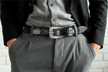 Arkansas Razorbacks Men's Dressy Leather Belt. Arkansas Gift. ARK Merch. Croc Pattern. Smooth Full Grain Finish. Metal Emblem Conchos.