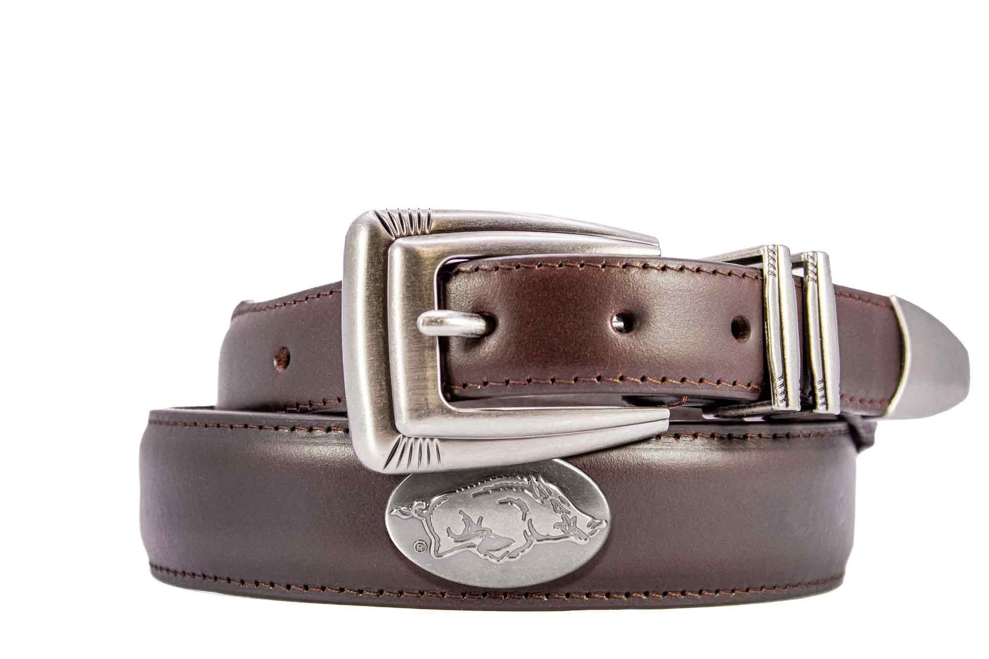 Arkansas Razorbacks Men's Dressy Leather Belt. Arkansas Gift. ARK Merch. Croc Pattern. Smooth Full Grain Finish. Metal Emblem Conchos.