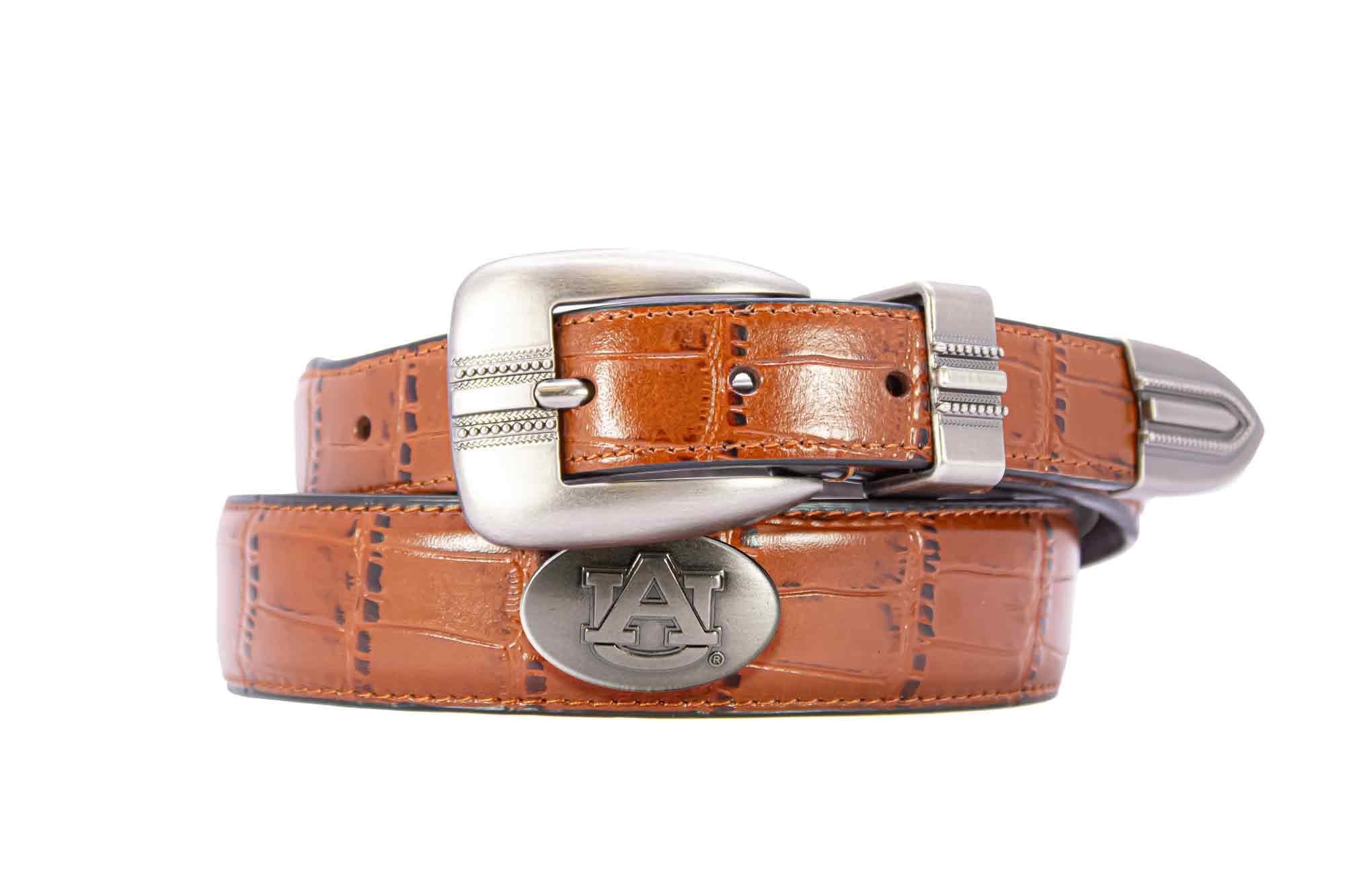Auburn Tigers Men's Dressy Leather Belt. Auburn Gift. War Eagle Merch. Croc Pattern. Smooth Full Grain Finish. Metal Emblem Conchos.