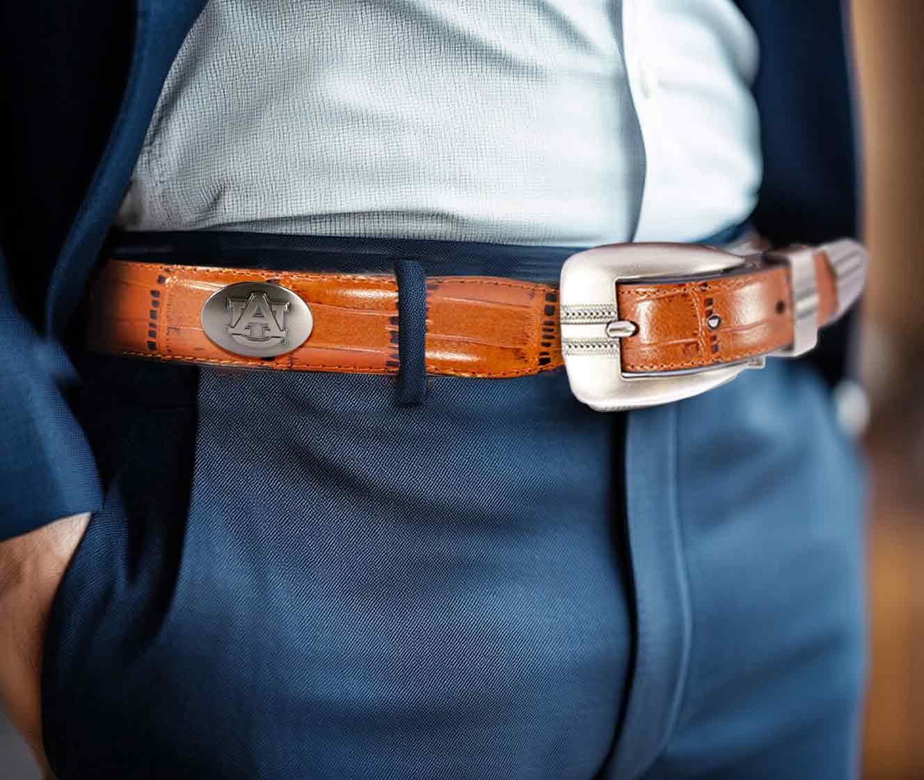 Auburn Tigers Men's Dressy Leather Belt. Auburn Gift. War Eagle Merch. Croc Pattern. Smooth Full Grain Finish. Metal Emblem Conchos.