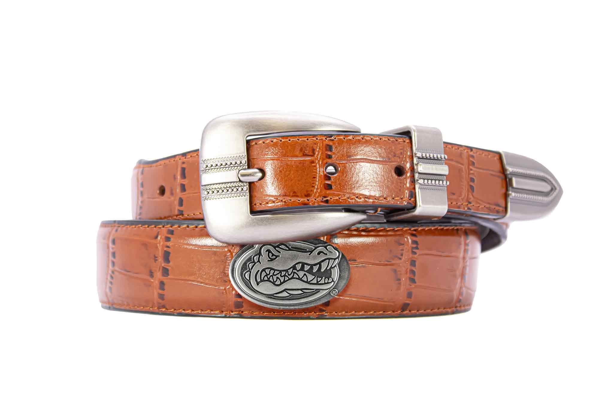 Florida Gators Men's Dressy Leather Belt. UF Gift. Gators Merch. Croc Pattern. Smooth Full Grain Finish. Metal Emblem Conchos.
