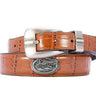 Florida Gators Men's Dressy Leather Belt. UF Gift. Gators Merch. Croc Pattern. Smooth Full Grain Finish. Metal Emblem Conchos.