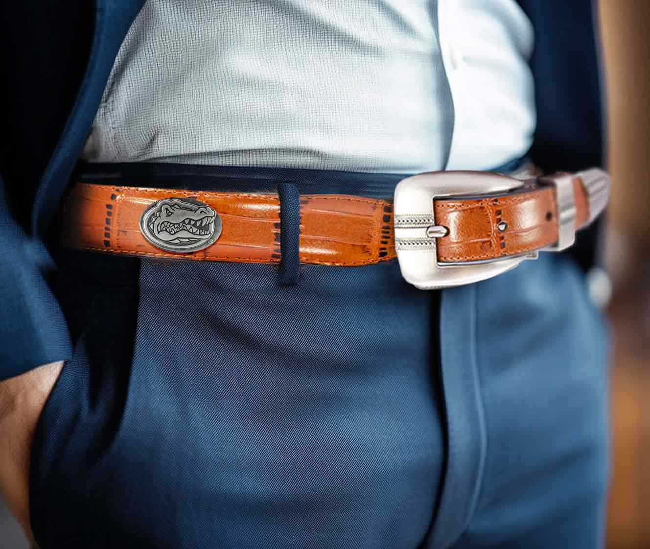 Florida Gators Men's Dressy Leather Belt. UF Gift. Gators Merch. Croc Pattern. Smooth Full Grain Finish. Metal Emblem Conchos.