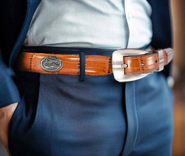 Florida Gators Men's Dressy Leather Belt. UF Gift. Gators Merch. Croc Pattern. Smooth Full Grain Finish. Metal Emblem Conchos.