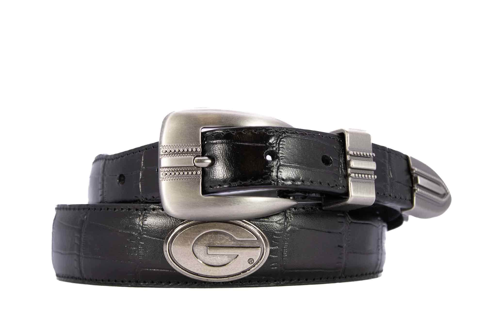 Georgia Bulldogs Men's Dressy Leather Belt. Georgia Gift. UGA Dawgs Merch. Croc Pattern. Smooth Full Grain Finish. Metal Emblem Conchos.