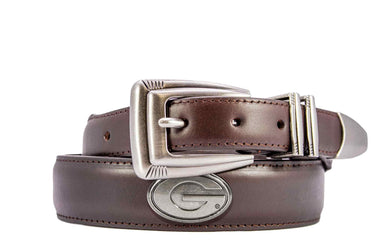 Georgia Bulldogs Men's Dressy Leather Belt. Georgia Gift. UGA Dawgs Merch. Croc Pattern. Smooth Full Grain Finish. Metal Emblem Conchos.