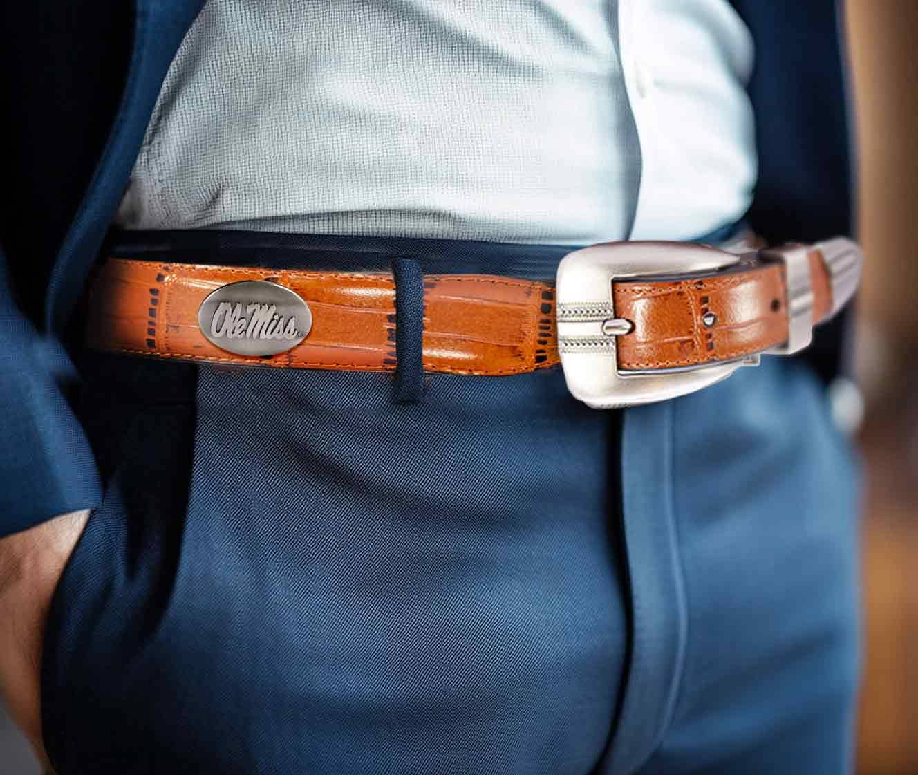 Ole Miss Rebels Men's Dressy Leather Belt. Ole Miss Gift. Ole Miss Merch. Croc Pattern. Smooth Full Grain Finish. Metal Emblem Conchos.