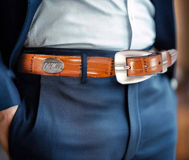 Ole Miss Rebels Men's Dressy Leather Belt. Ole Miss Gift. Ole Miss Merch. Croc Pattern. Smooth Full Grain Finish. Metal Emblem Conchos.