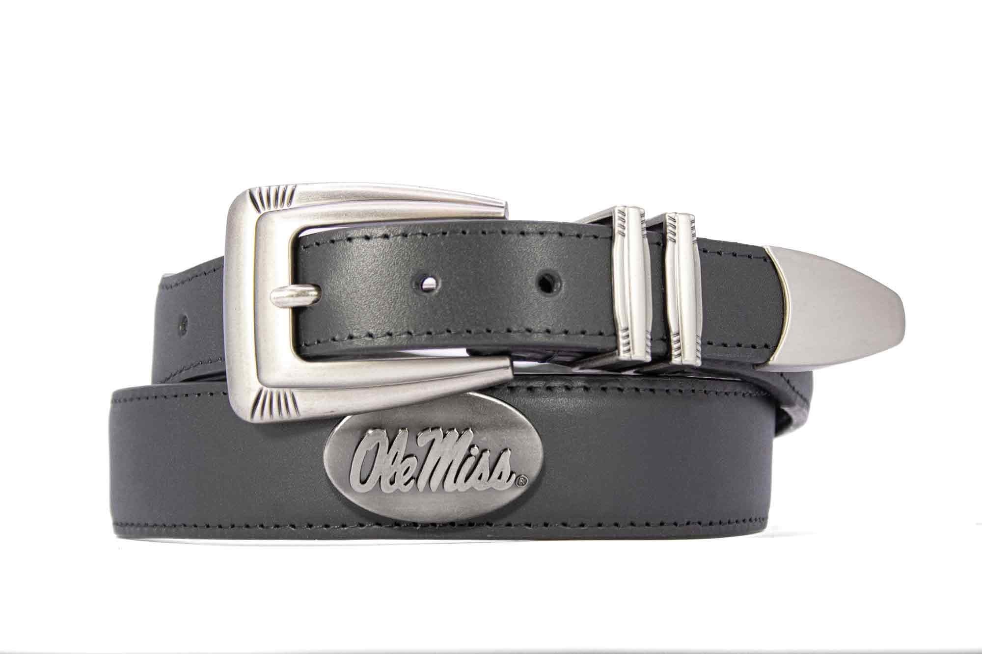 Ole Miss Rebels Men's Dressy Leather Belt. Ole Miss Gift. Ole Miss Merch. Croc Pattern. Smooth Full Grain Finish. Metal Emblem Conchos.