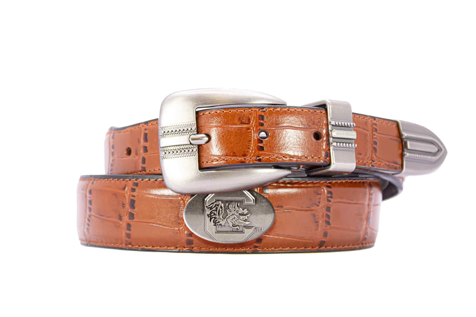USC Gamecocks Men's Dressy Leather Belt. South Carolina Gift. USC Merch. Croc Pattern. Smooth Full Grain Finish. Metal Emblem Conchos.