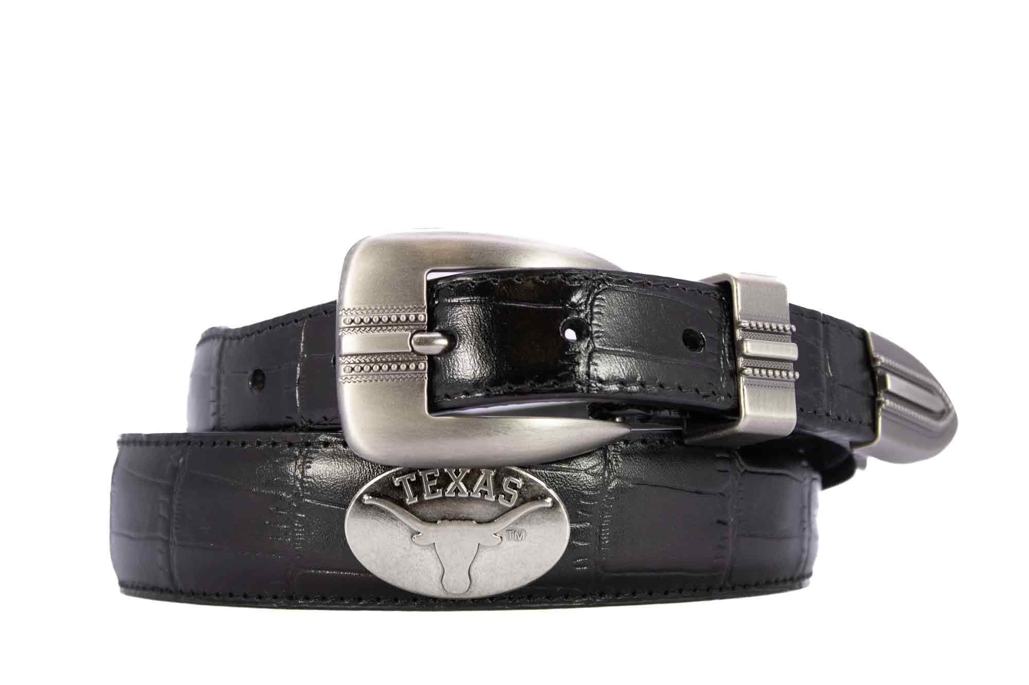 Texas Longhorns Men's Dressy Leather Belt. UT Longhorns Gift. Texas Merch. Croc Pattern. Smooth Full Grain Finish. Metal Emblem Conchos.