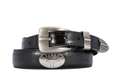 Texas Longhorns Men's Dressy Leather Belt. UT Longhorns Gift. Texas Merch. Croc Pattern. Smooth Full Grain Finish. Metal Emblem Conchos.