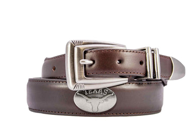 Texas Longhorns Men's Dressy Leather Belt. UT Longhorns Gift. Texas Merch. Croc Pattern. Smooth Full Grain Finish. Metal Emblem Conchos.