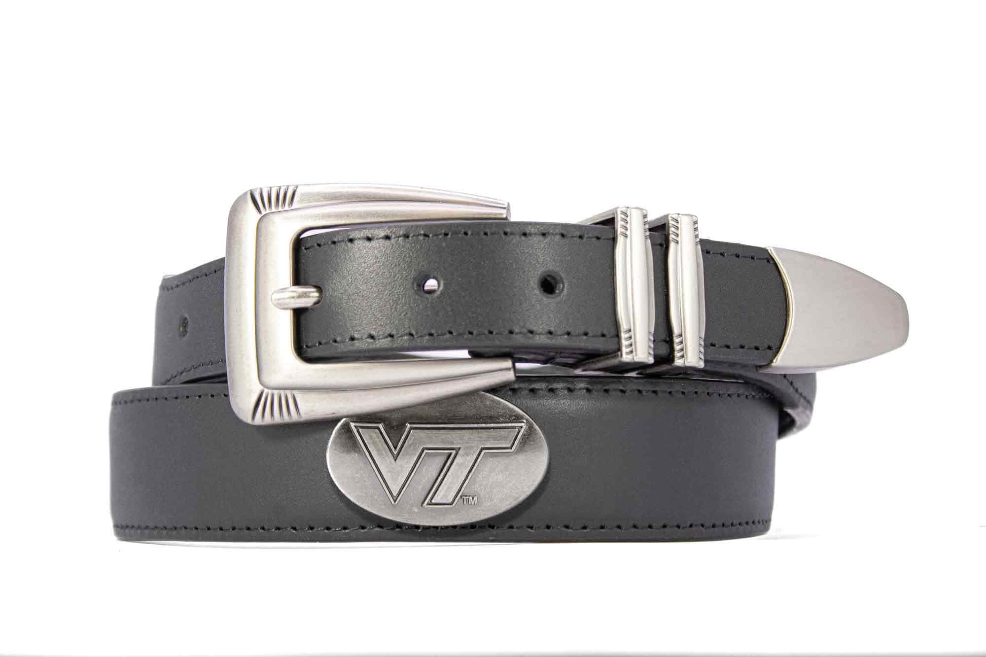 Virginia Tech Hoikes Men's Dressy Leather Belt. Hokies Gift. VT Merch. Croc Pattern. Smooth Full Grain Finish. Metal Emblem Conchos.