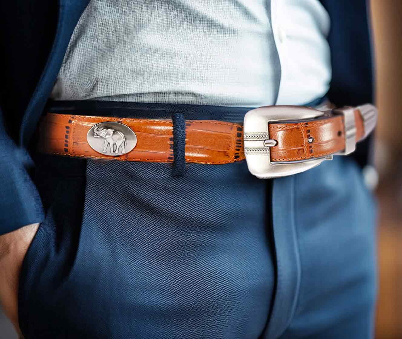 Alabama Big Al Men's Dressy Leather Belt. Alabama Gift. Bama Belt. Croc Pattern. Smooth Full Grain Finish. Metal Emblem Conchos.