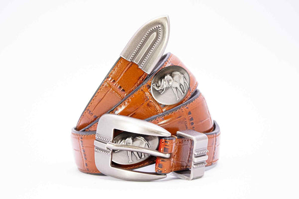 Alabama Big Al Men's Dressy Leather Belt. Alabama Gift. Bama Belt. Croc Pattern. Smooth Full Grain Finish. Metal Emblem Conchos.