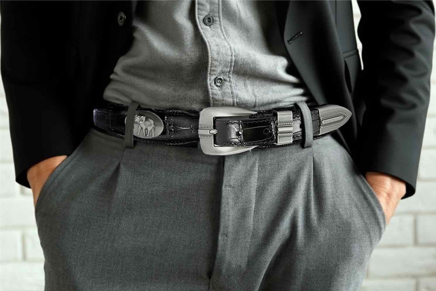 Alabama Big Al Men's Dressy Leather Belt. Alabama Gift. Bama Belt. Croc Pattern. Smooth Full Grain Finish. Metal Emblem Conchos.