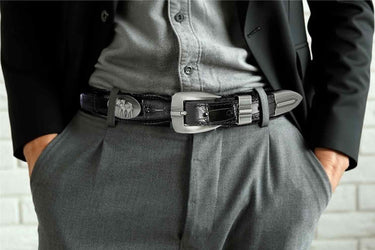 Alabama Big Al Men's Dressy Leather Belt. Alabama Gift. Bama Belt. Croc Pattern. Smooth Full Grain Finish. Metal Emblem Conchos.