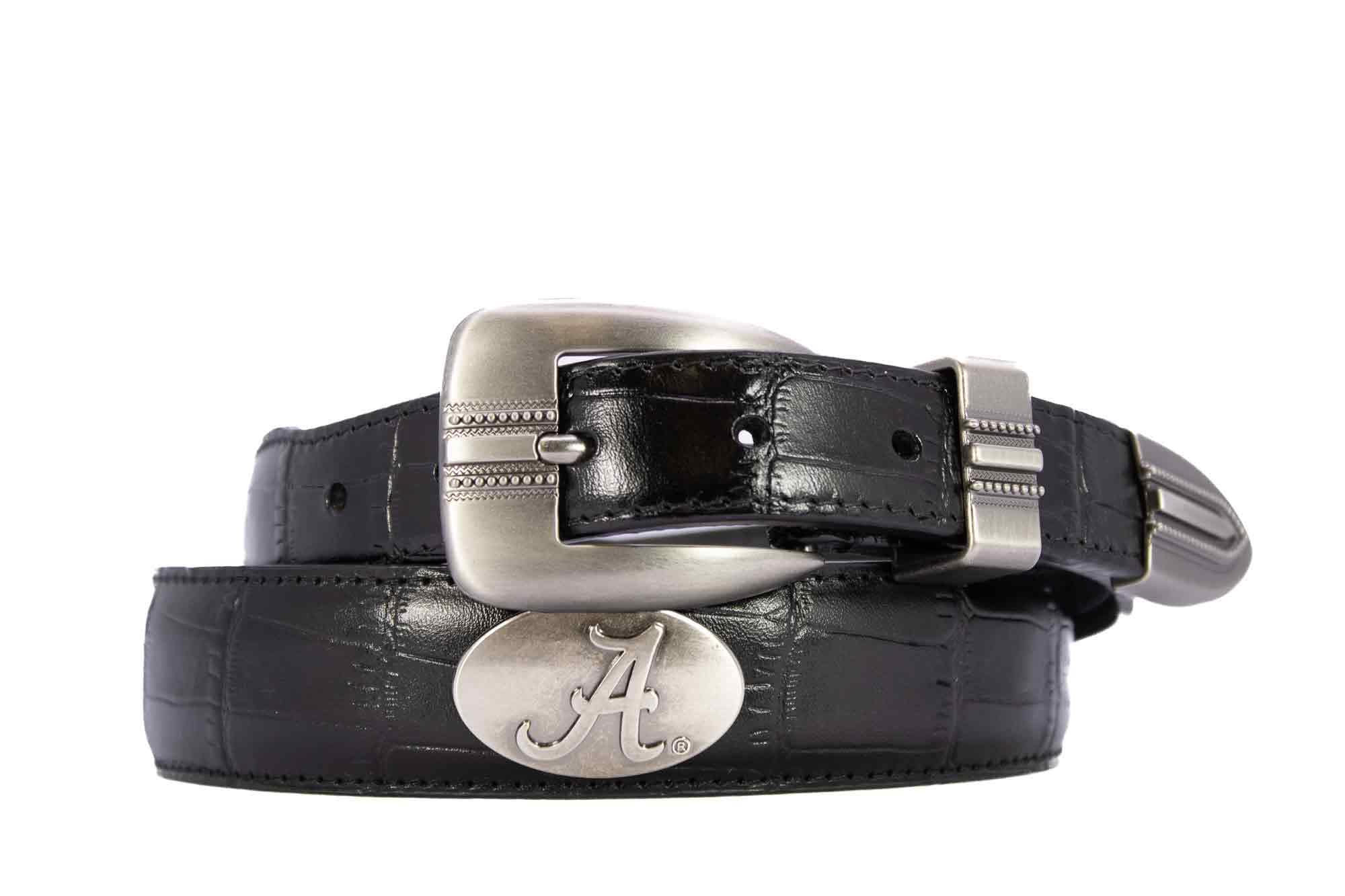 Alabama Crimson Tide Men's Dressy Leather Belt. Alabama Gift. Bama Belt. Croc Pattern. Smooth Full Grain Finish. Metal Emblem Conchos.
