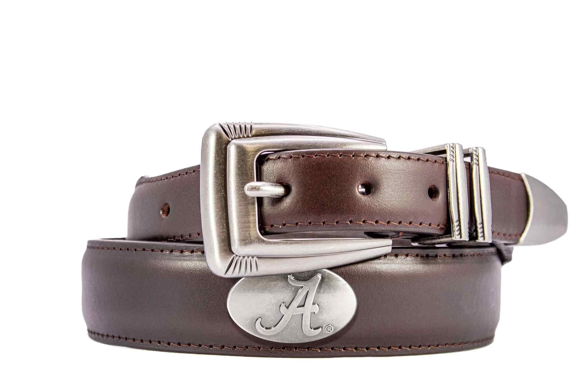Alabama Crimson Tide Men's Dressy Leather Belt. Alabama Gift. Bama Belt. Croc Pattern. Smooth Full Grain Finish. Metal Emblem Conchos.