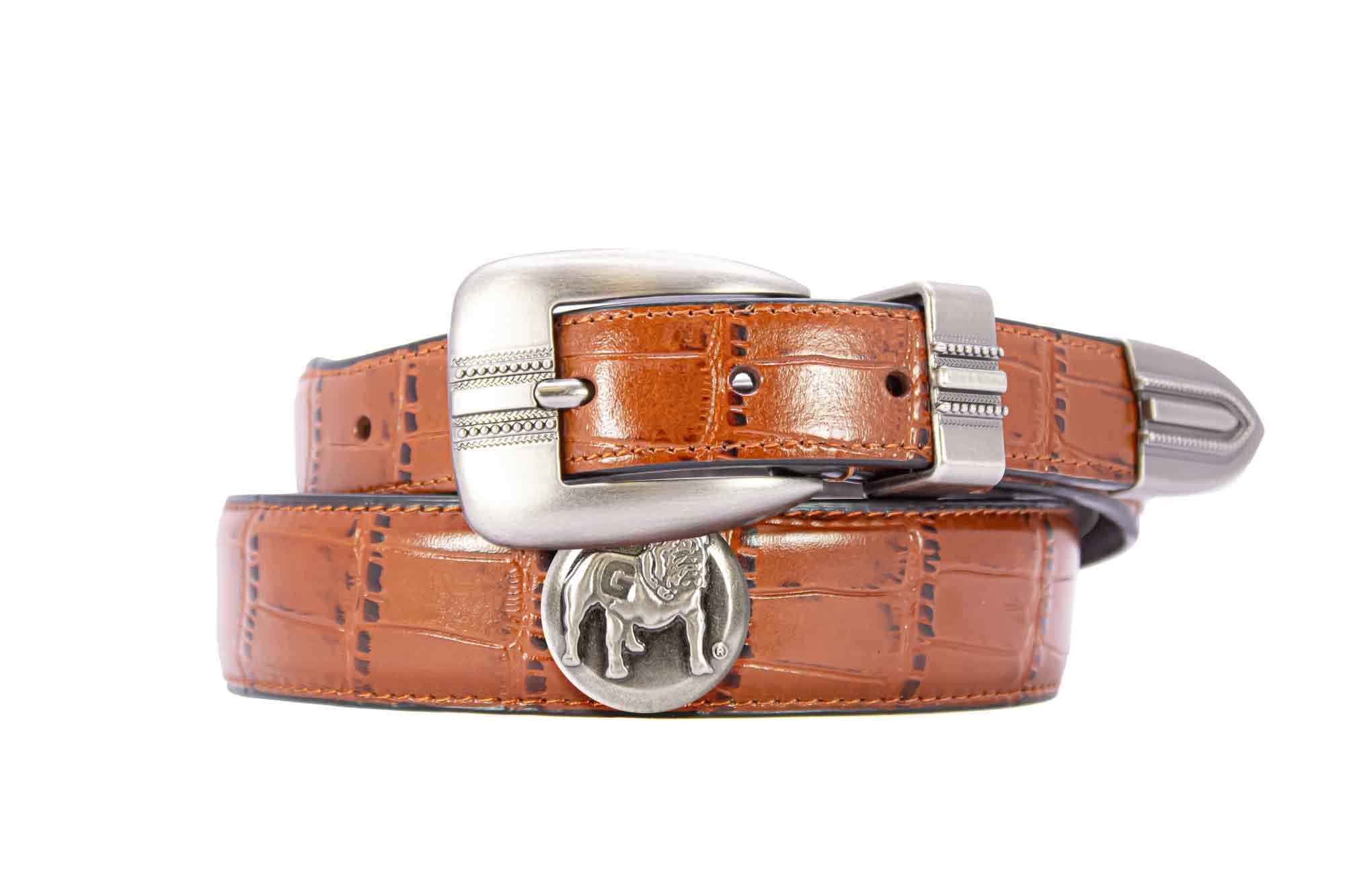Georgia Uga Men's Dressy Leather Belt. Georgia Gift. UGA Dawgs Merch. Uga Gift Croc Pattern. Smooth Full Grain Finish. Metal Emblem Conchos.