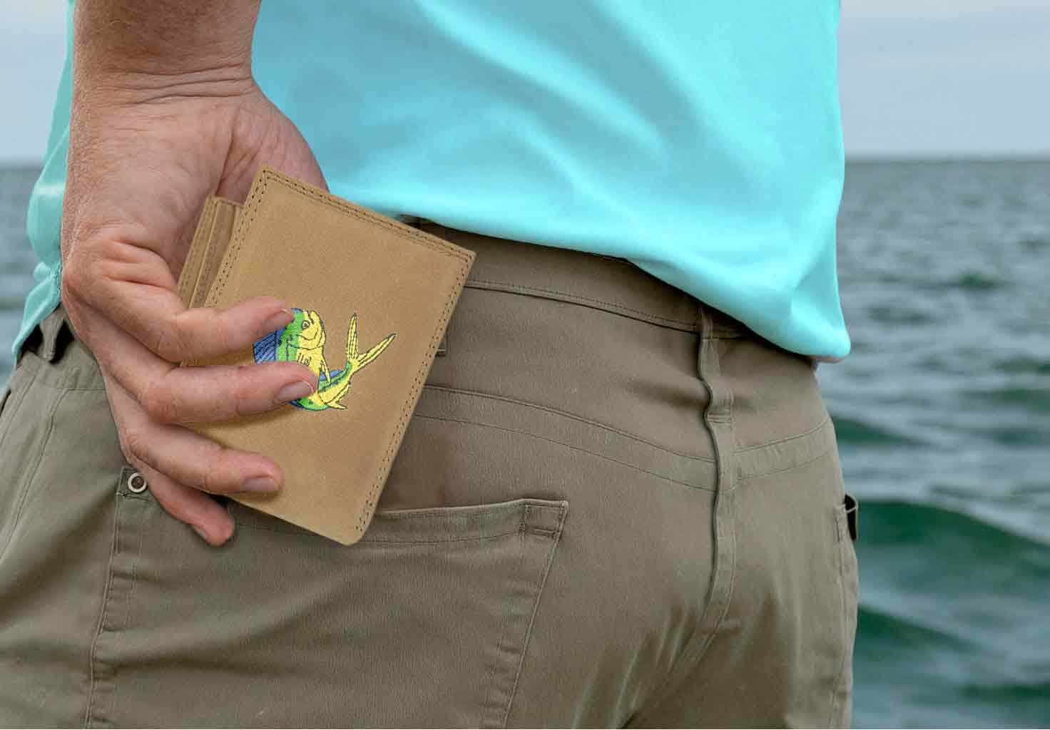 Mahi-mahi Men's Embroidered Leather Wallet. Bifold Passcase. Trifold Wallet. Embroidered Dolphin Wallet. Fishing and Boating Gift.