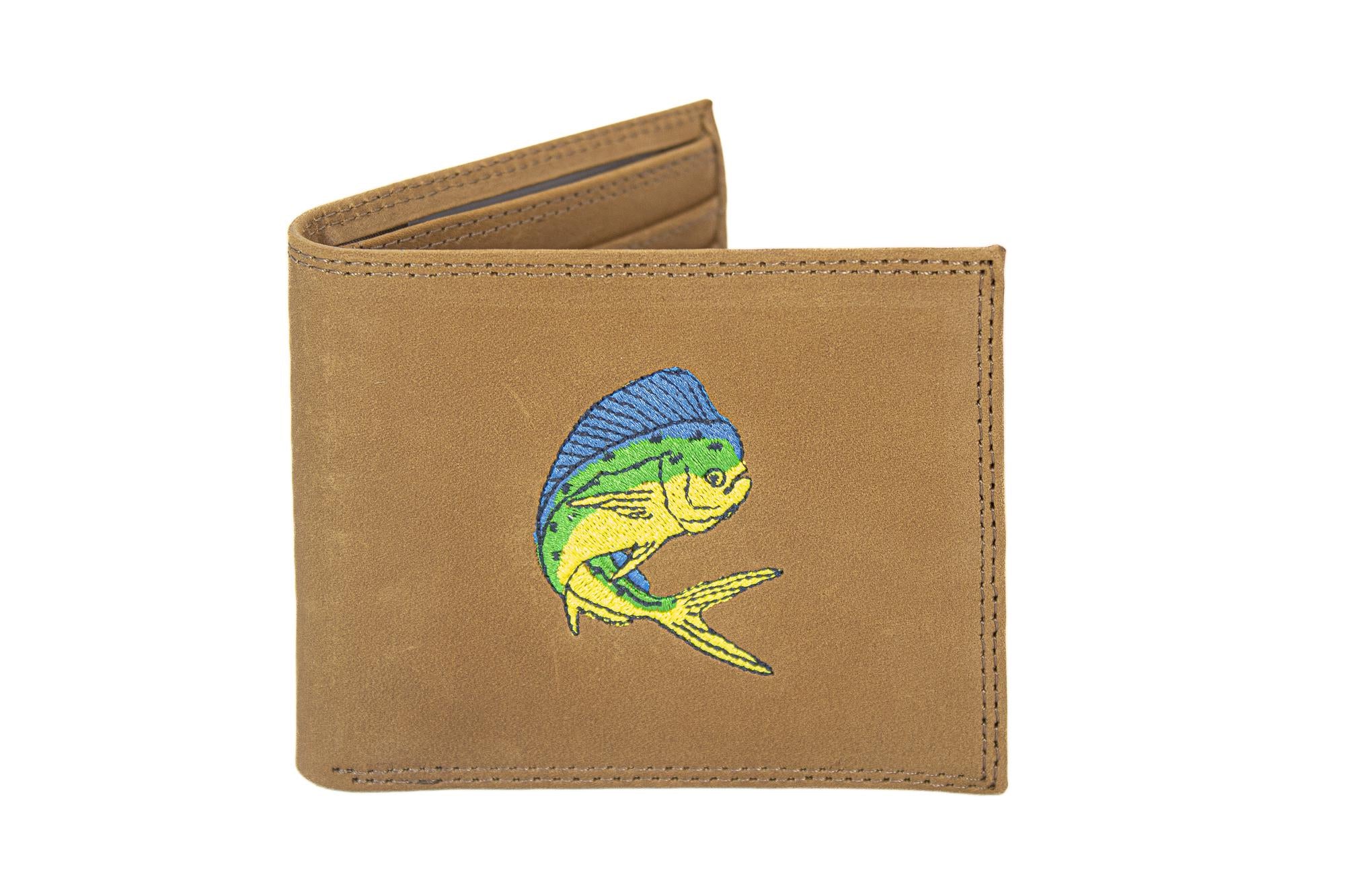 Mahi-mahi Men's Embroidered Leather Wallet. Bifold Passcase. Trifold Wallet. Embroidered Dolphin Wallet. Fishing and Boating Gift.
