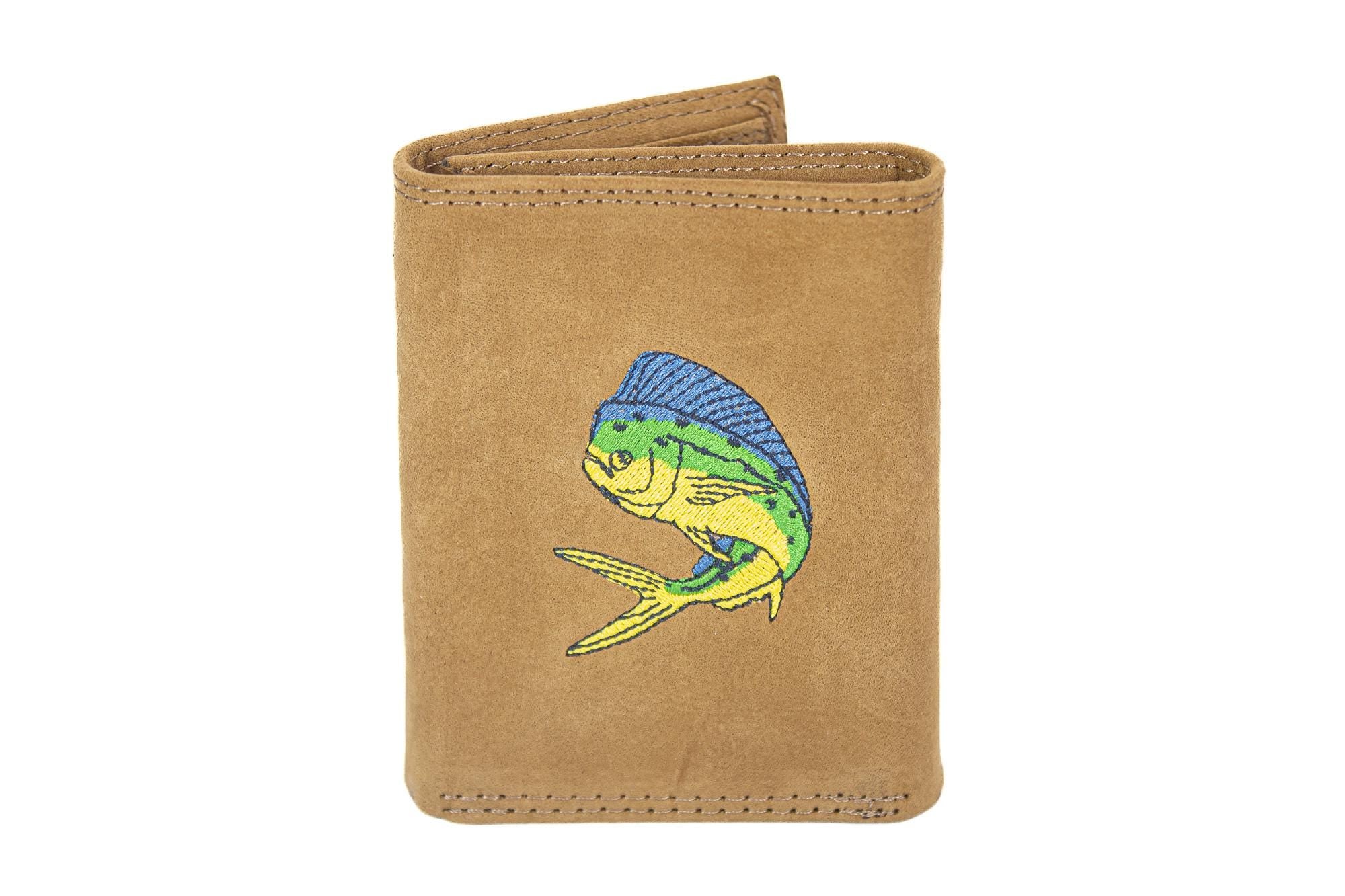 Mahi-mahi Men's Embroidered Leather Wallet. Bifold Passcase. Trifold Wallet. Embroidered Dolphin Wallet. Fishing and Boating Gift.