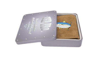 Yellow Tuna Men's Embroidered Leather Wallet. Bifold Passcase. Trifold Wallet. Embroidered Yellow Tuna Wallet. Fishing and Boating Gift.