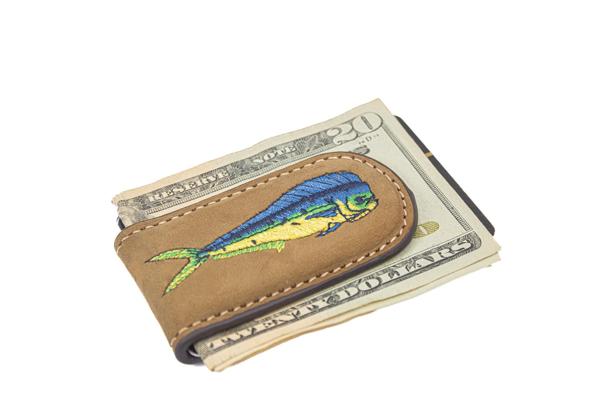 Embroidered Fish Leather Money Clip. Magnetic Clip. Brown Crazyhorse Finish. Marlin. Dolphin Mahi. Sailfish. Redfish. Snook. Tarpon.