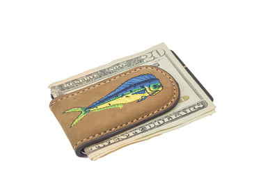 Embroidered Fish Leather Money Clip. Magnetic Clip. Brown Crazyhorse Finish. Marlin. Dolphin Mahi. Sailfish. Redfish. Snook. Tarpon.
