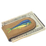 Embroidered Fish Leather Money Clip. Magnetic Clip. Brown Crazyhorse Finish. Marlin. Dolphin Mahi. Sailfish. Redfish. Snook. Tarpon.