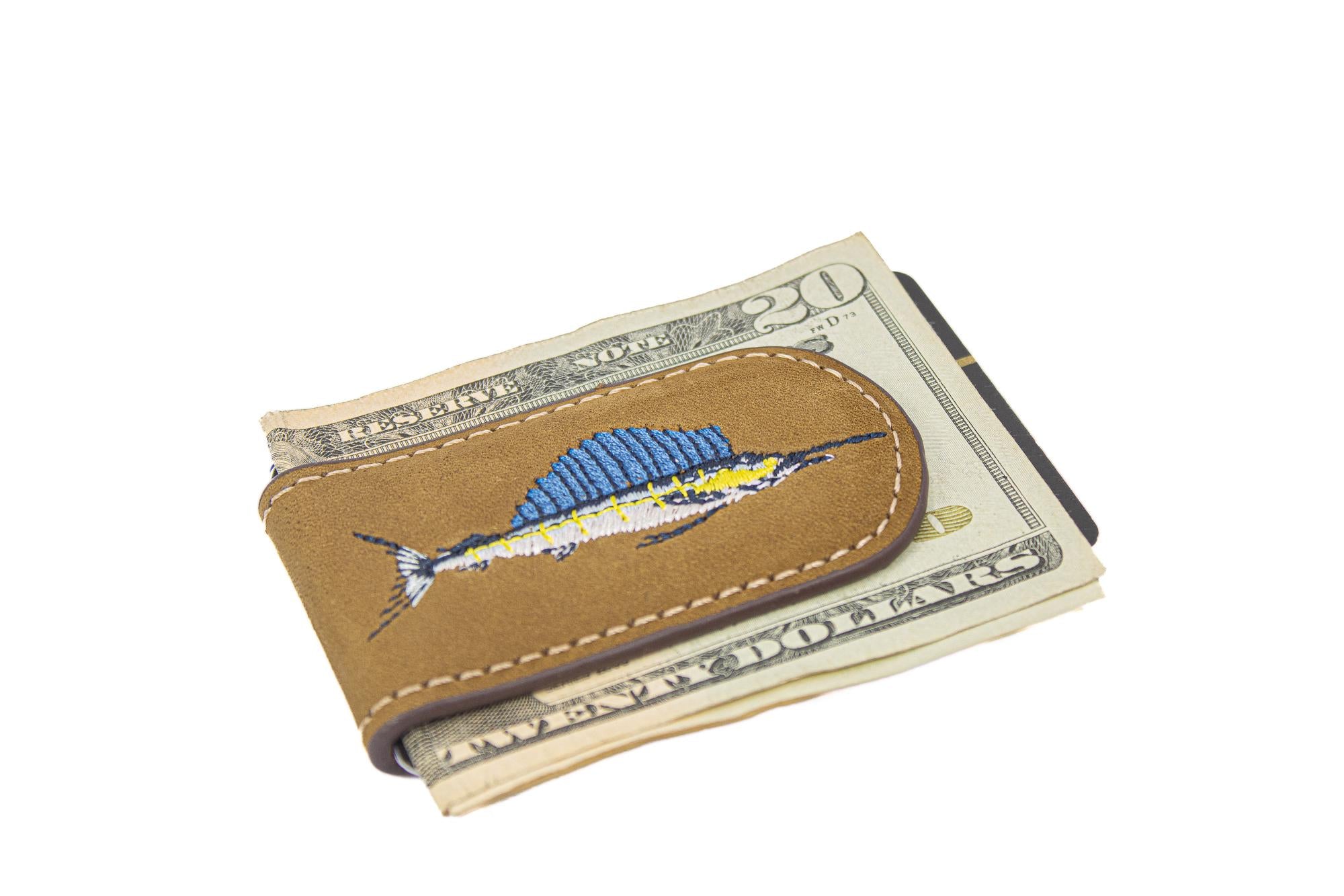 Embroidered Fish Leather Money Clip. Magnetic Clip. Brown Crazyhorse Finish. Marlin. Dolphin Mahi. Sailfish. Redfish. Snook. Tarpon.