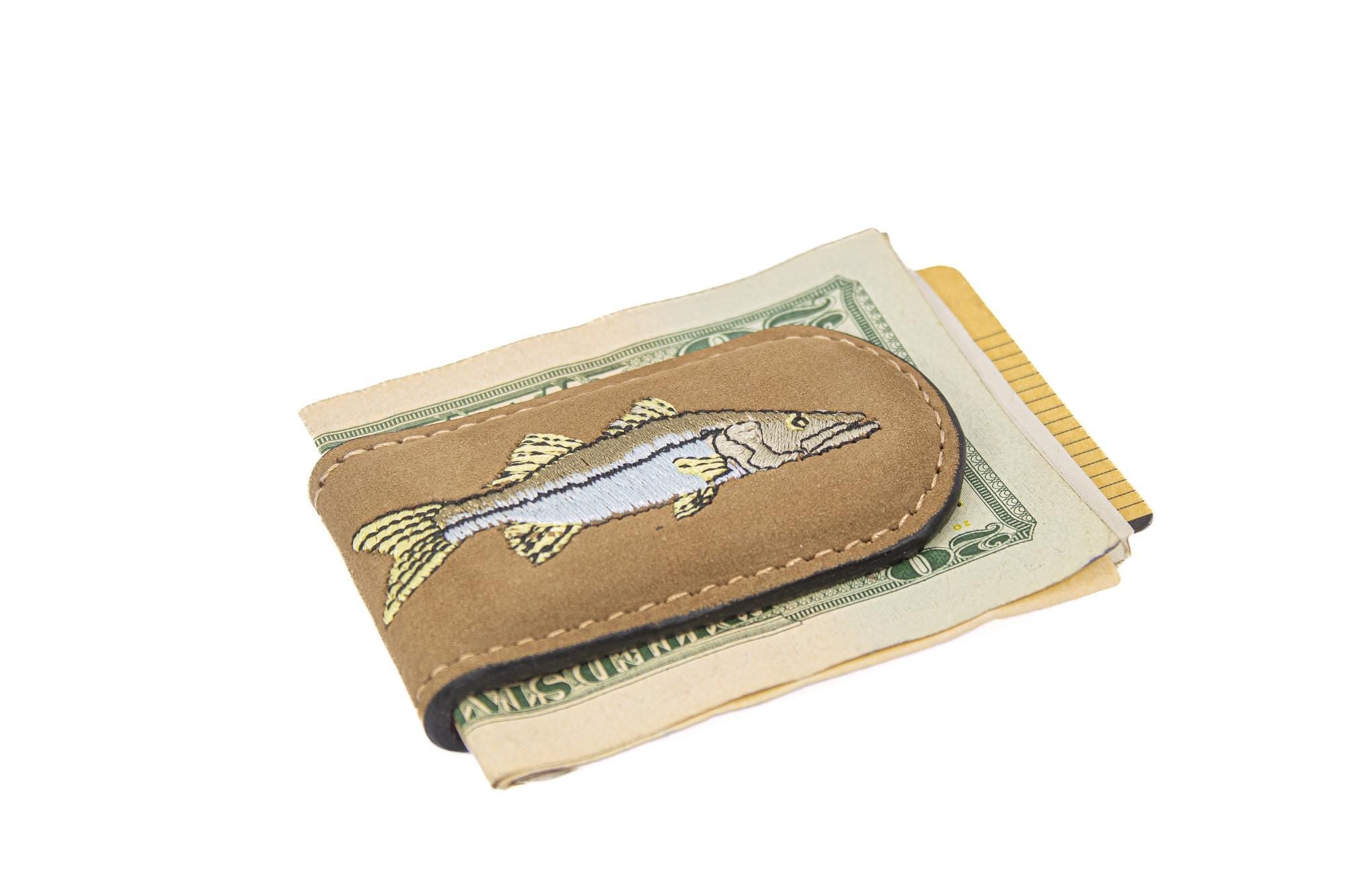 Embroidered Fish Leather Money Clip. Magnetic Clip. Brown Crazyhorse Finish. Marlin. Dolphin Mahi. Sailfish. Redfish. Snook. Tarpon.