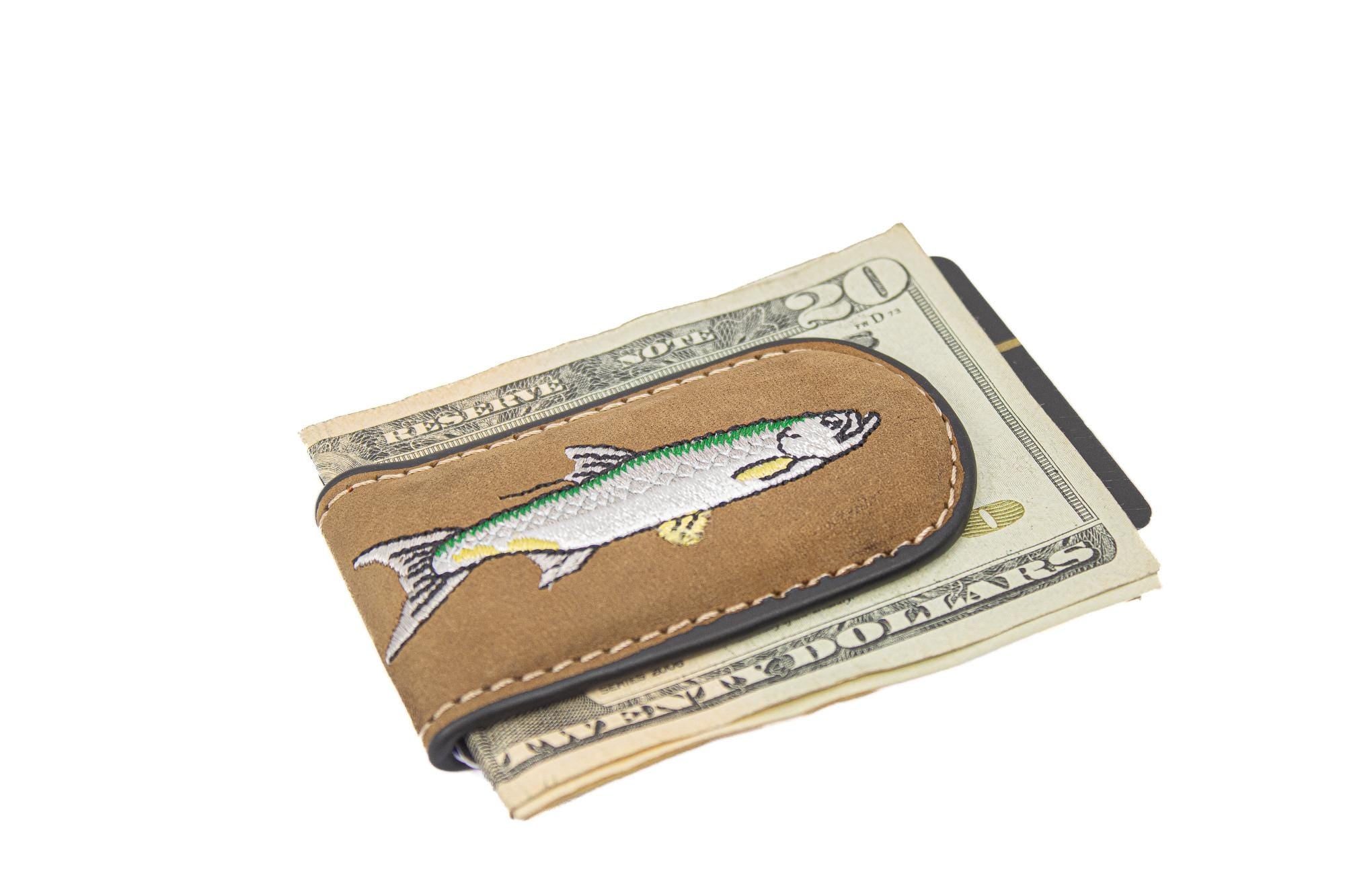 Embroidered Fish Leather Money Clip. Magnetic Clip. Brown Crazyhorse Finish. Marlin. Dolphin Mahi. Sailfish. Redfish. Snook. Tarpon.