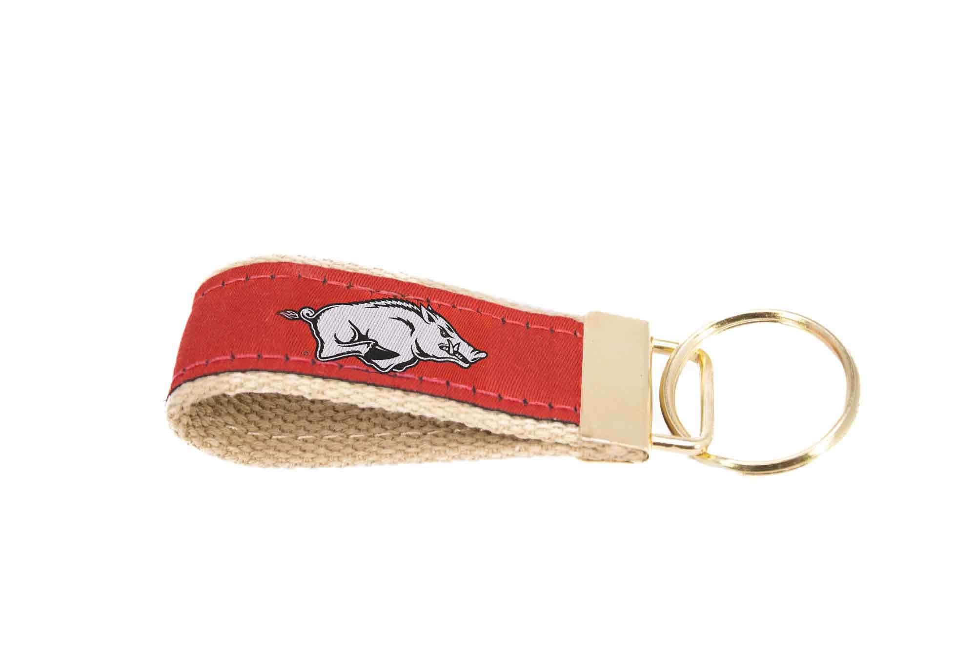 Arkansas Razorbacks Collegiate Woven Ribbon Key Chain. Arkansas Key Fob. Razorbacks Gift. Crimson Tide Key Ring. Brass Clasp and O-Ring.