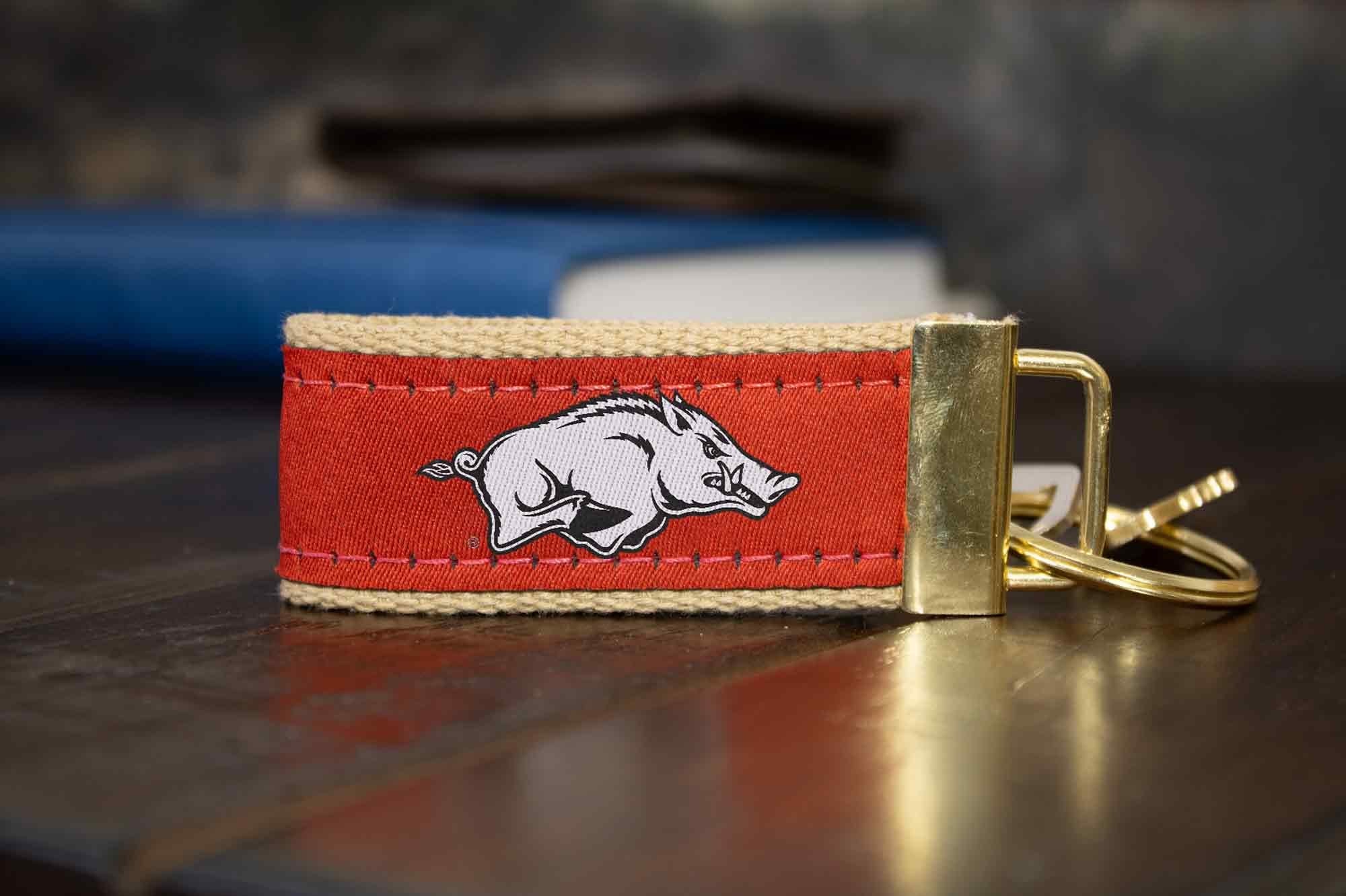Arkansas Razorbacks Collegiate Woven Ribbon Key Chain. Arkansas Key Fob. Razorbacks Gift. Crimson Tide Key Ring. Brass Clasp and O-Ring.