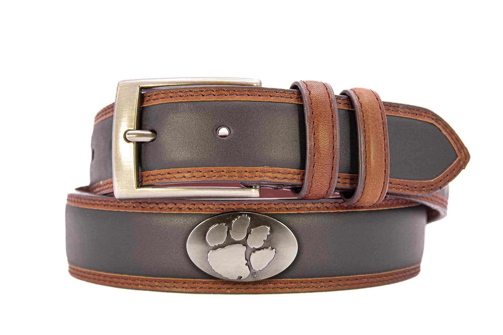Clemson Tigers Men's Collegiate Two Tone Leather Belt. Black With Brown Trim Full Grain Finish. Metal Emblem Conchos. Clemson Gifts