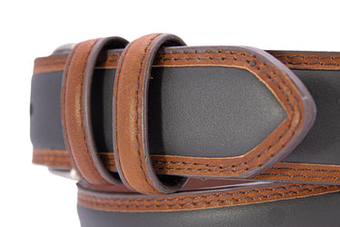 Southern Miss Eagles Men's Collegiate Two Tone Leather Belt. Black With Brown Trim Full Grain Finish. Metal Emblem Conchos. SMU Gifts