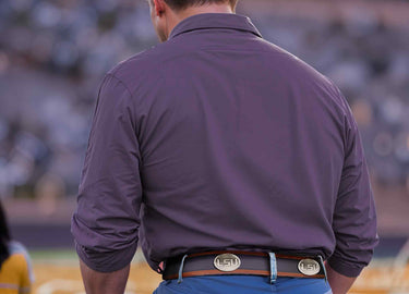 LSU Tigers Men's Collegiate Two Tone Leather Belt. Black With Brown Trim Full Grain Finish. Metal Emblem Conchos. LSU Gifts