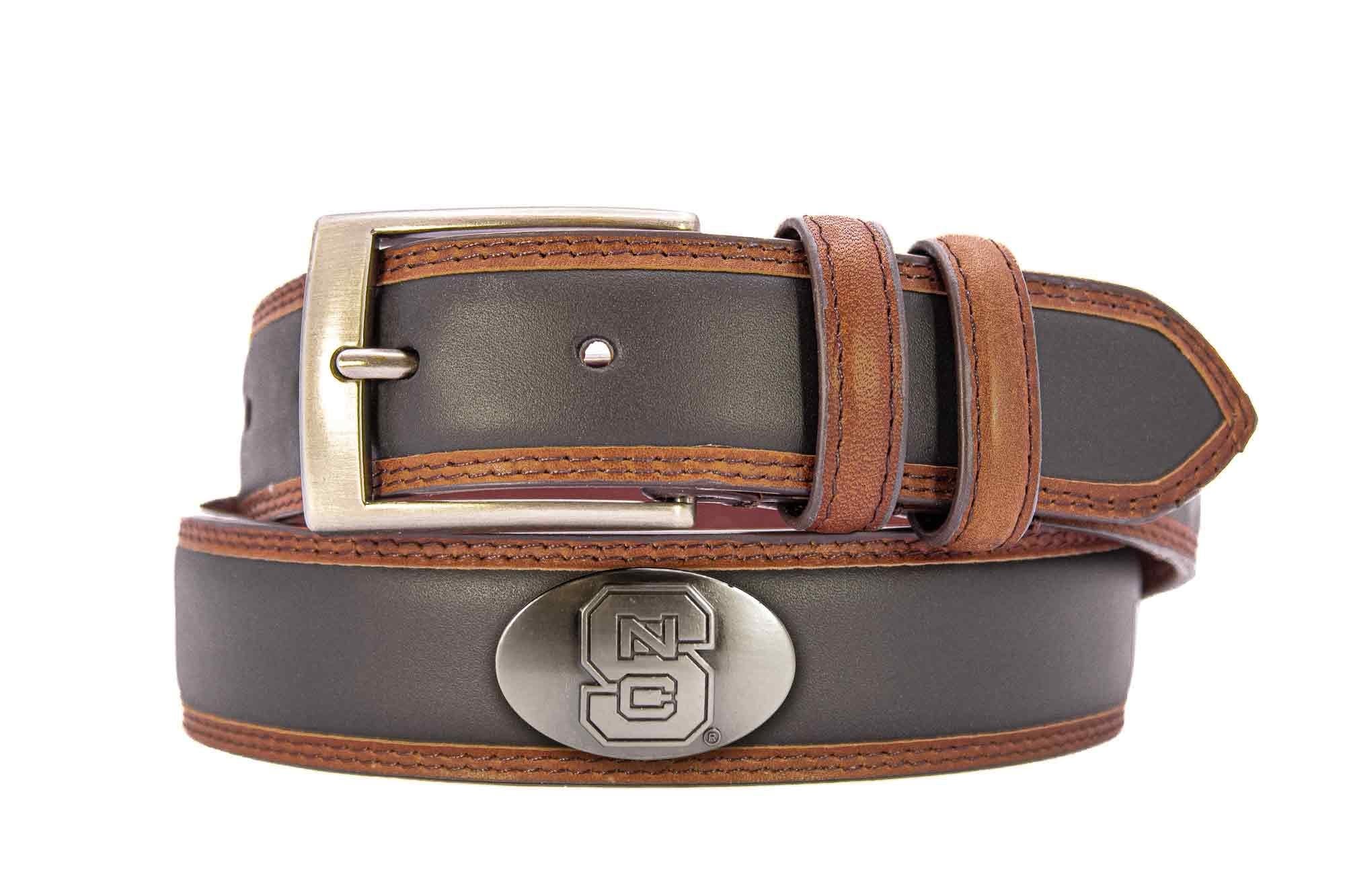 NC State Wolfpack Men's Collegiate Two Tone Leather Belt. Black With Brown Trim Full Grain Finish. Metal Emblem Conchos. Wolfpack Gifts