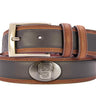 NC State Wolfpack Men's Collegiate Two Tone Leather Belt. Black With Brown Trim Full Grain Finish. Metal Emblem Conchos. Wolfpack Gifts