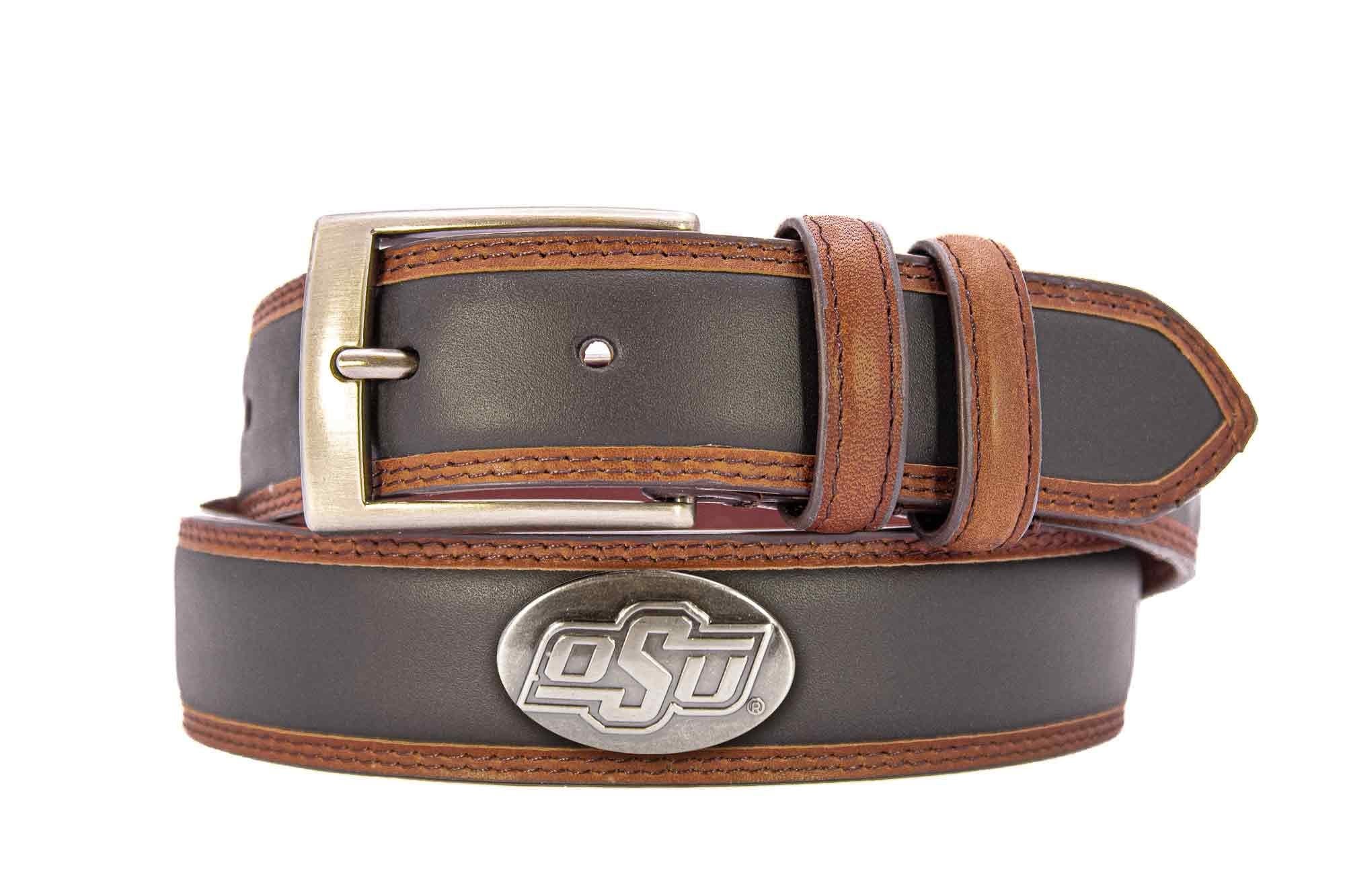 Oklahoma State Cowboys Men's Collegiate Two Tone Leather Belt. Black With Brown Trim Full Grain Finish. Metal Emblem Conchos. OSU Gifts
