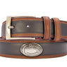 Penn State Nittany Lions Men's Collegiate Two Tone Leather Belt. Black With Brown Trim Full Grain Finish. Metal Emblem Conchos. PSU Gifts