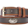 Southern Miss Eagles Men's Collegiate Two Tone Leather Belt. Black With Brown Trim Full Grain Finish. Metal Emblem Conchos. SMU Gifts