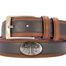 Texas A&M Aggies Men's Collegiate Two Tone Leather Belt. Black With Brown Trim Full Grain Finish. Metal Emblem Conchos. Aggie Gifts